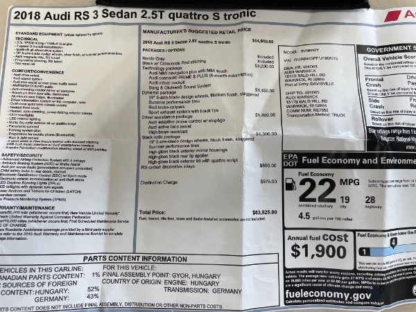 Used 2018 AUDI RS3 Sedan